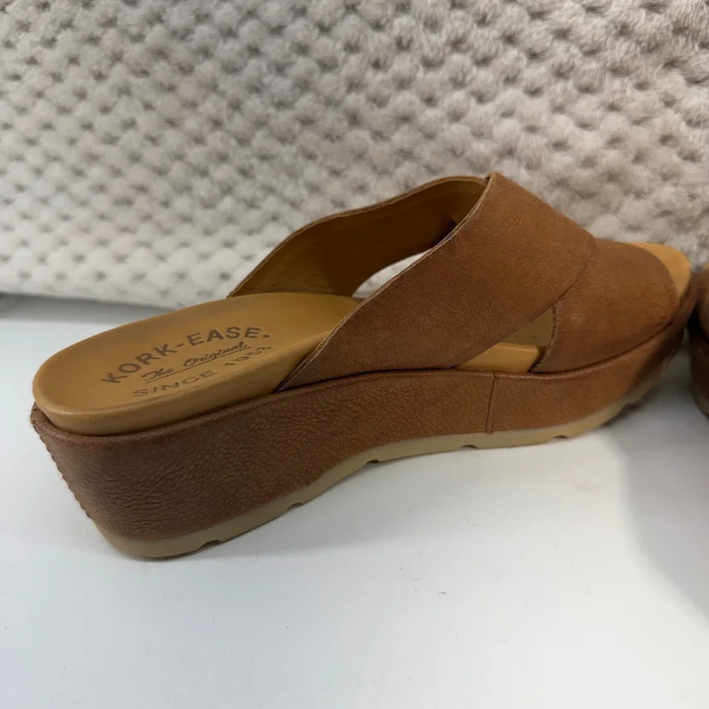 Kork-Ease K66057 Platform Slide Sandals Womens 6 Brown Leather Toe Loop Wedge